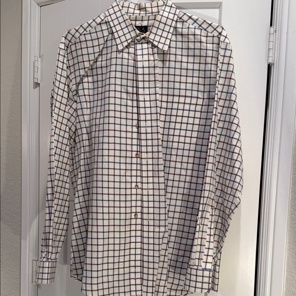 Jos. A. Bank Cream, Navy and Maroon Checkered Dress Shirt